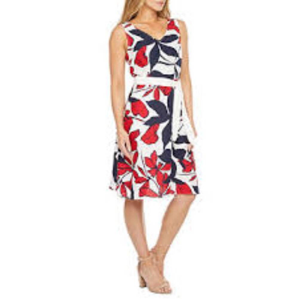 LIZ CLAIBORNE, women's sleeveless floral midi dress sz 10 red white blue w-02
